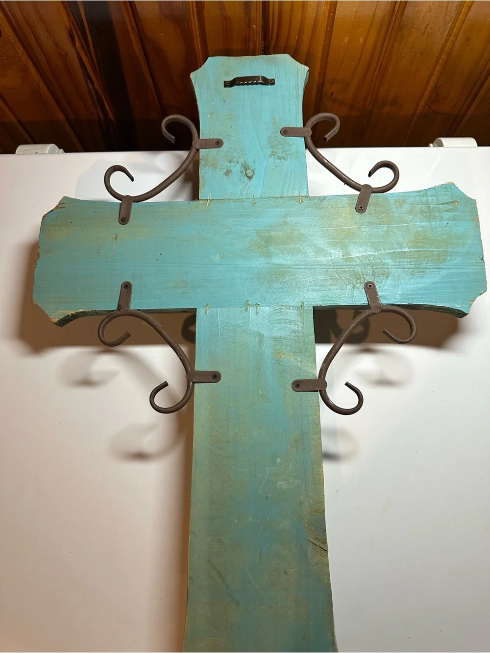 Handcrafted Wooden Wall Cross in Turquoise and Cream “rustic design”